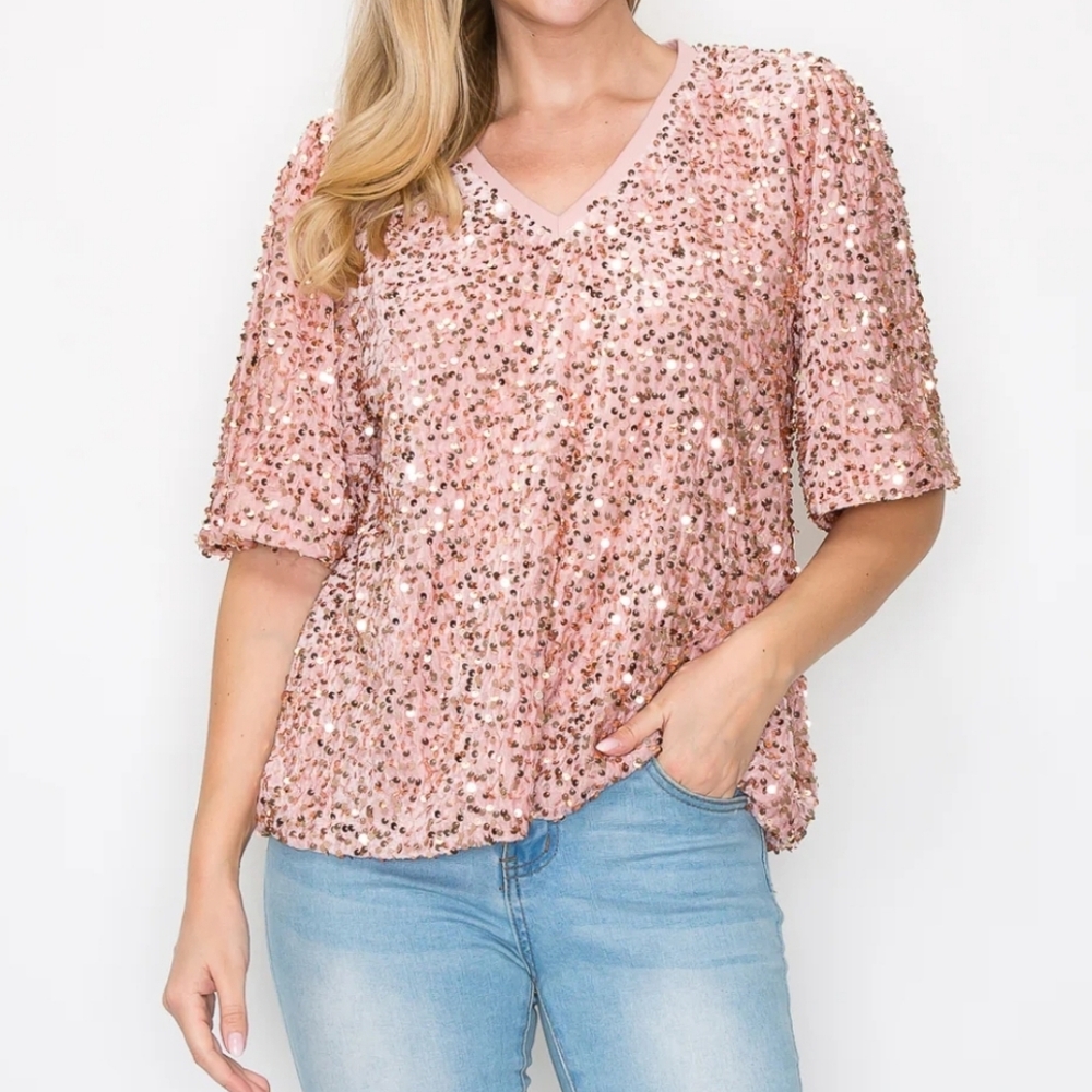 Joh Velvet Sequined Wevanna Top, Oversized Relaxed Fit, V-Neck, Sz Small, EUC!